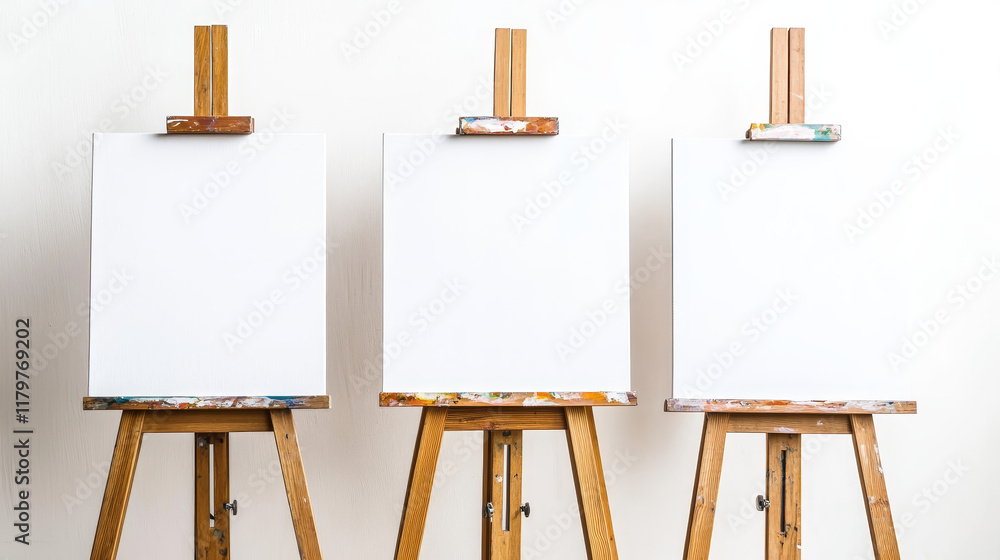 Easel blank stand frame mockup for painting vector. Isolated 3d wooden tripod for picture. Empty artist exhibition space equipment set on white background. Different creative studio object bundle Easel blank stand frame mockup for painting vector. Isolated 3d wooden tripod for picture. Empty artist exhibition space equipment set on white background. Different creative studio object bundle