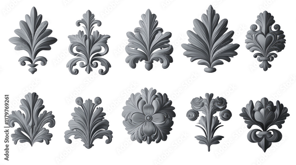 Set of Ornate Decorative Elements in Grey Tones Including Floral and Leaf Designs for Architectural Use Set of Ornate Decorative Elements in Grey Tones Including Floral and Leaf Designs for Architectural Use