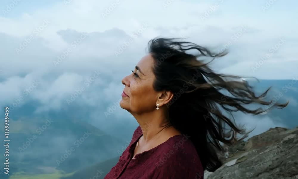 Woman embracing the wind on mountain peak with scenic cloudscape. Woman embracing the wind on mountain peak with scenic cloudscape.