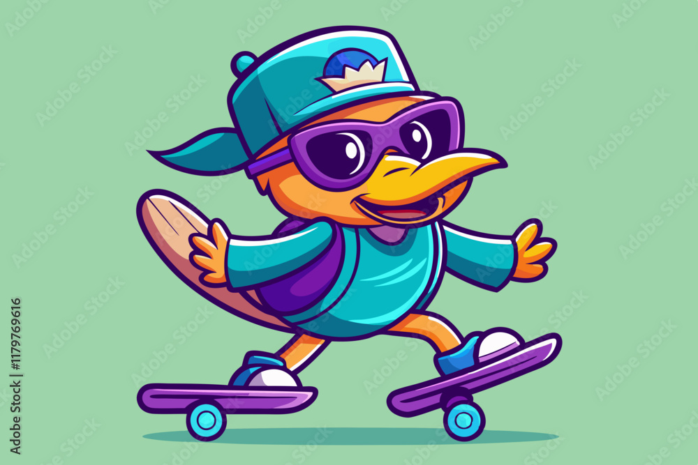 Obraz premium Cartoon Duck Character Skateboarding with Cool Sunglasses – Fun and Trendy Animal Illustration