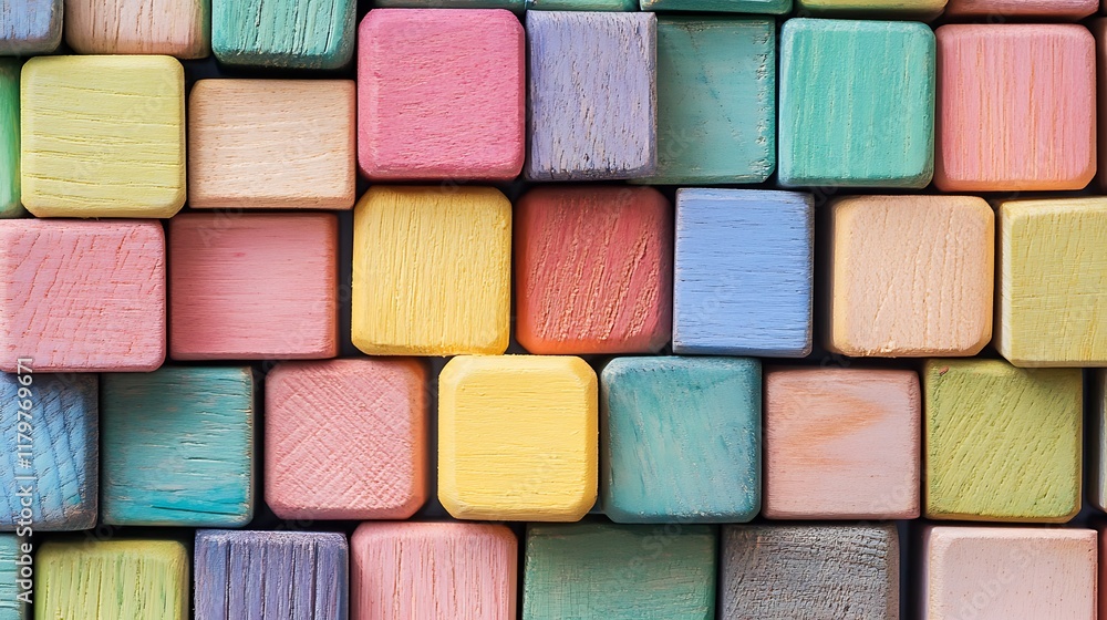 A creative display of pastel wooden blocks stacked asymmetrically A creative display of pastel wooden blocks stacked asymmetrically