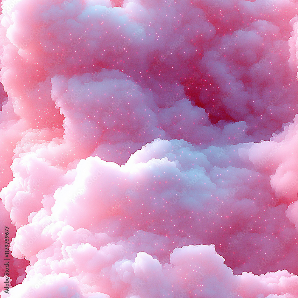 Fototapeta premium Pink magical pastel colored clouds with sparkle. Puffy fluffy beautiful pink clouds on turquoise sky. Pastel palette. Wonderful nature Glitter