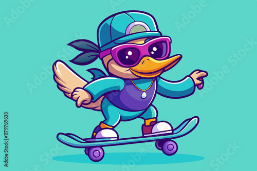 Cartoon Duck Character Skateboarding with Cool Sunglasses – Fun and Trendy Animal Illustration