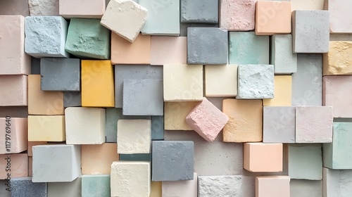 A creative mix of pastel-colored blocks scattered randomly for a playful look photo