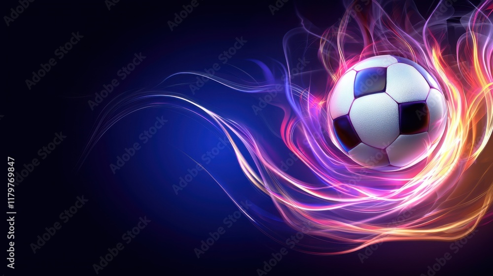 Obraz premium Colorful soccer ball with vibrant energy trails on a dark background, symbolizing speed and excitement in sports.