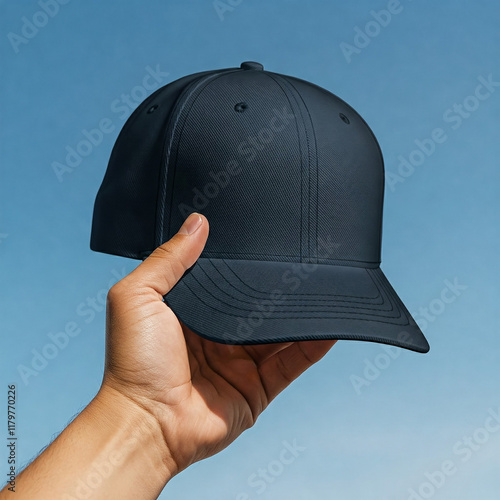 Mockup of man hand holding bright navy blue color plain baseball cap against sky background