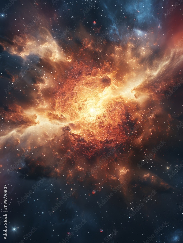 A breathtaking cosmic explosion illuminates a vast nebula with vibrant hues of orange, yellow, and blue. Debris and stardust scatter outwards, creating a mesmerizing display of celestial chaos. A breathtaking cosmic explosion illuminates a vast nebula with vibrant hues of orange, yellow, and blue. Debris and stardust scatter outwards, creating a mesmerizing display of celestial chaos.