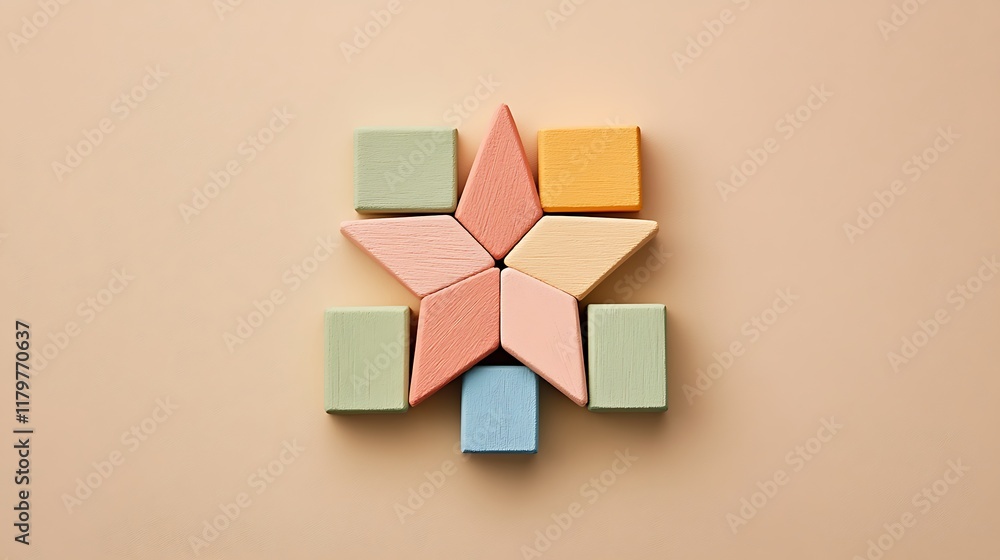 Fototapeta premium Pastel wooden blocks arranged in the shape of a star on a neutral background