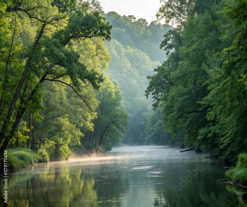A tranquil river winding through a forest