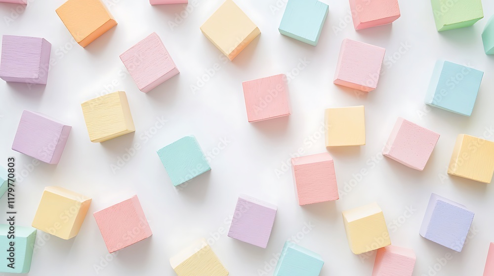 Geometric pastel wooden blocks scattered across a white surface Geometric pastel wooden blocks scattered across a white surface