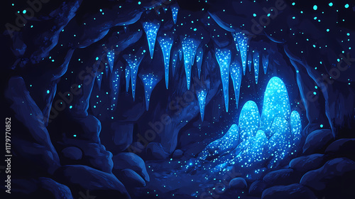 Blue glowstone cave formations. Glowstone. Illustration photo