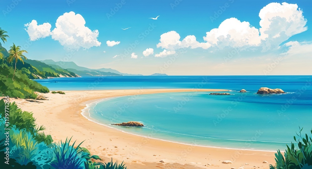 A peaceful coastal bay with clear shallow waters and isolated sandy beaches A peaceful coastal bay with clear shallow waters and isolated sandy beaches
