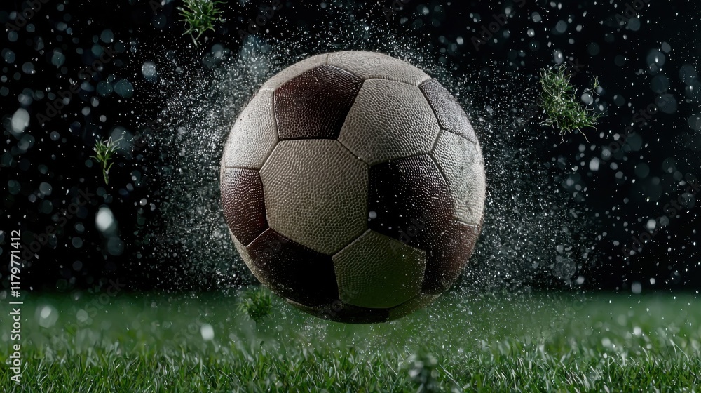 Fototapeta premium Dynamic image of a soccer ball in mid-air with water droplets, set against a green grass background, capturing motion and excitement.