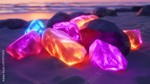 Colorful glowing stones create a serene atmosphere, perfect for relaxation and decoration in various settings. Glowstone. Illustration photo