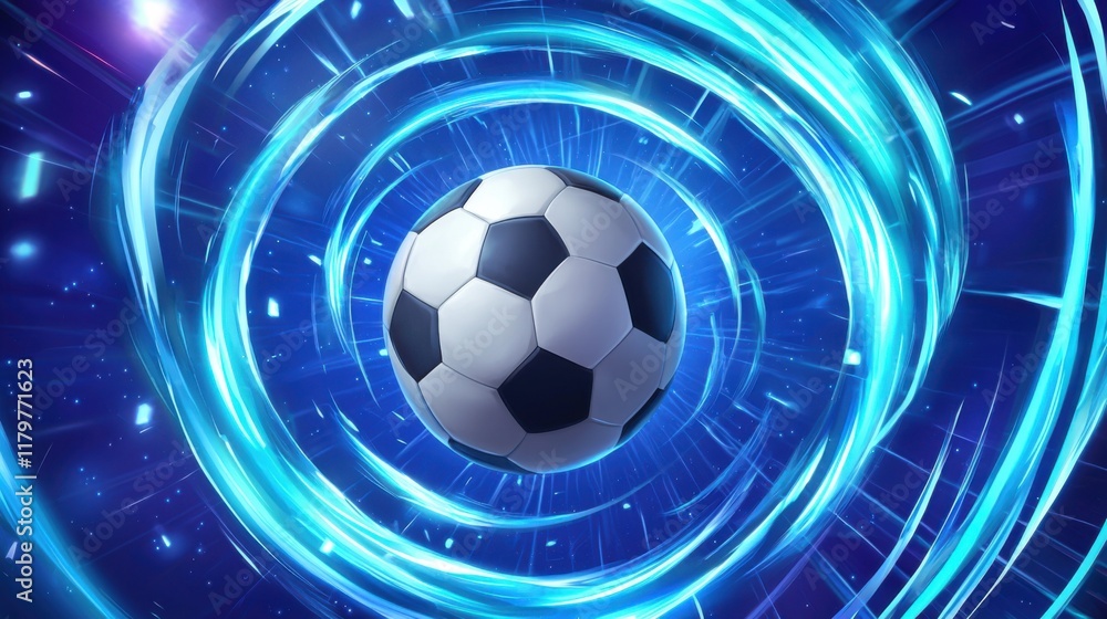 Naklejka premium Dynamic soccer ball caught in swirling blue energy vortex, symbolizing movement and excitement of the game.