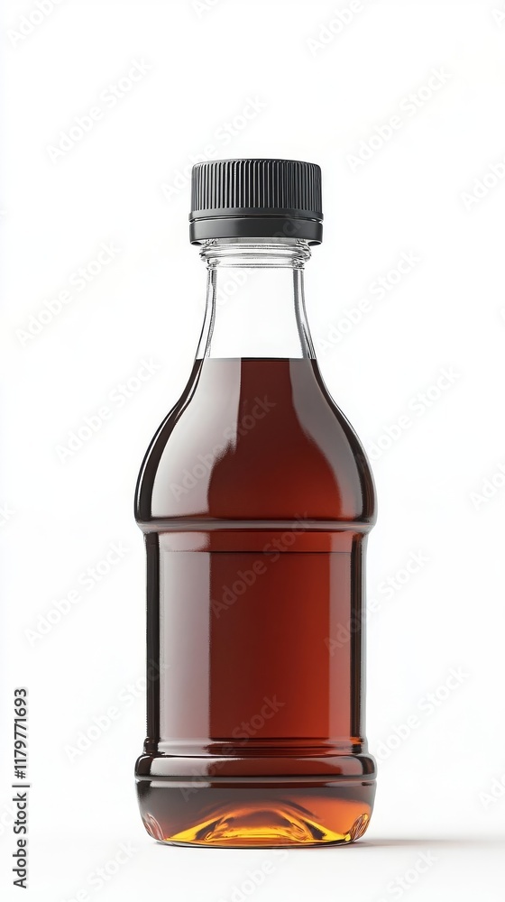 Amber liquid in clear plastic bottle with black cap Amber liquid in clear plastic bottle with black cap