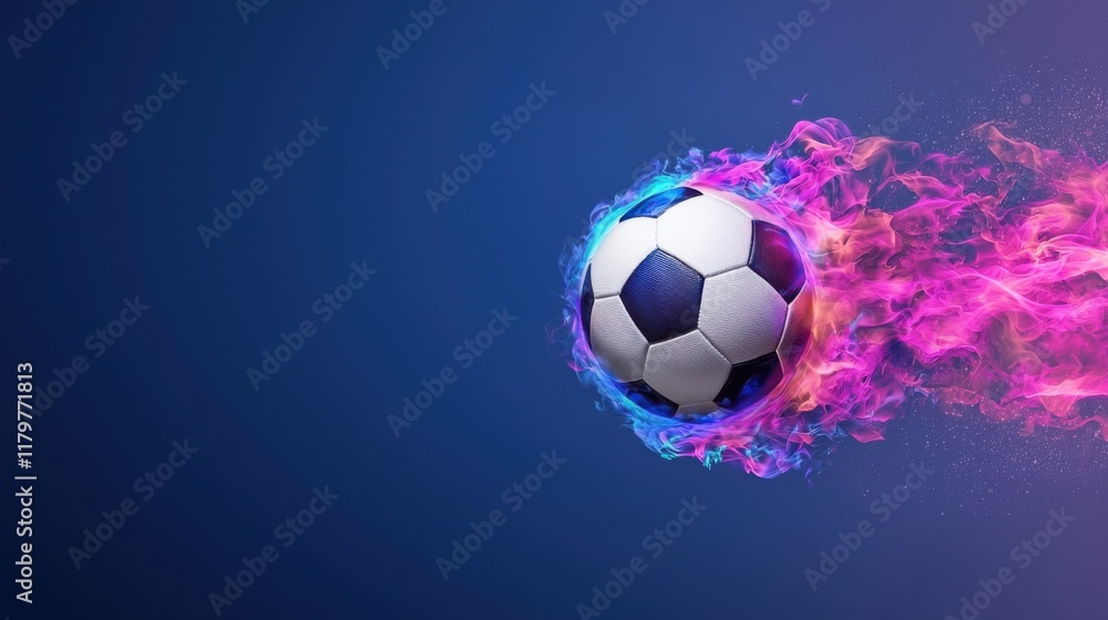 Naklejka premium Dynamic soccer ball in vibrant motion with colorful flames against a deep blue background. Energetic and exciting visual effect.
