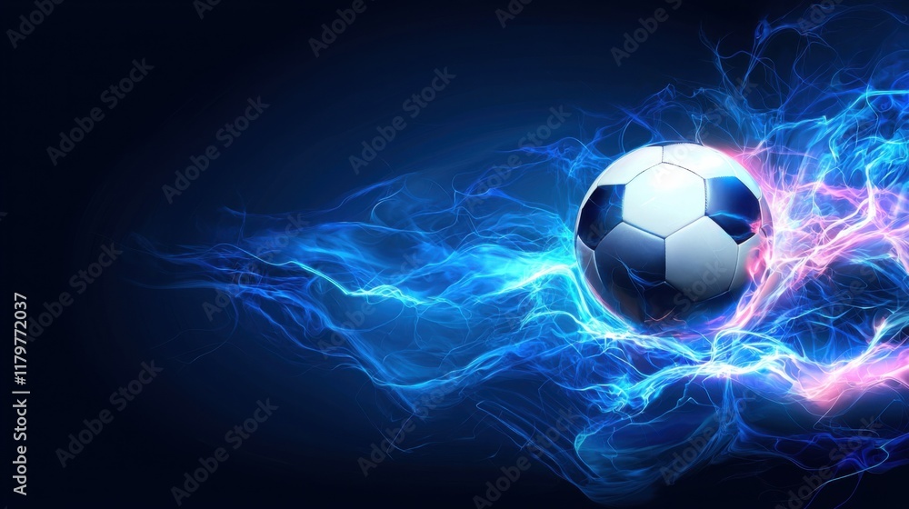 Fototapeta premium Dynamic soccer ball with vibrant energy trails on a dark background, symbolizing movement and excitement in sports.