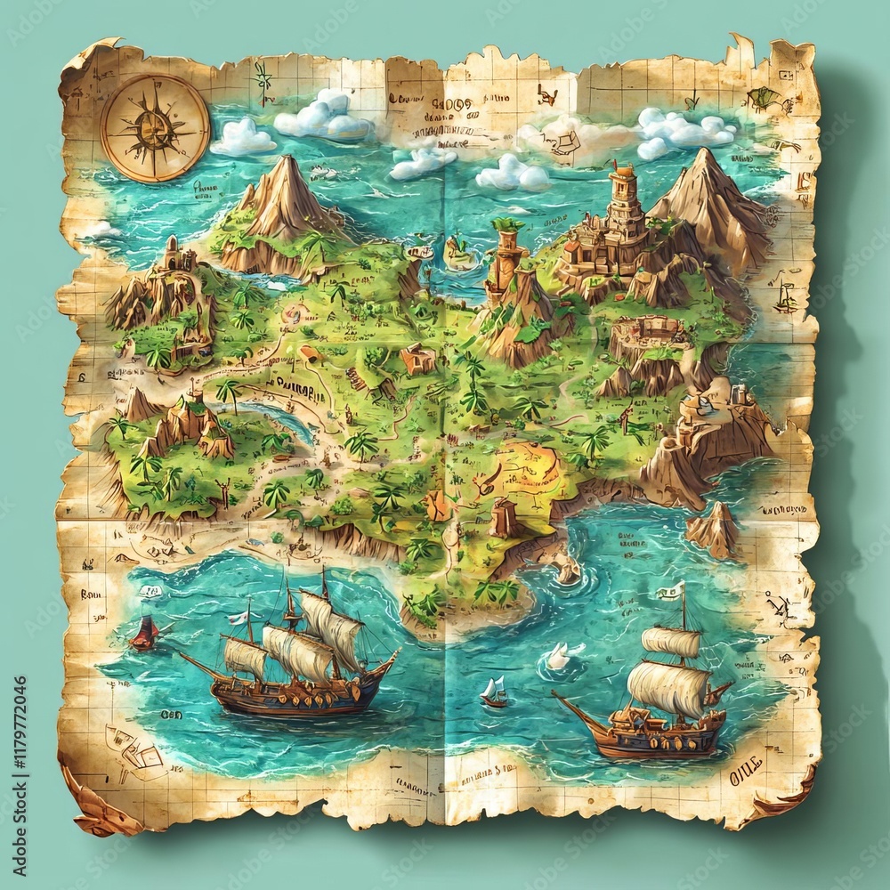 Ancient Treasure Map with Sailing Ships and Islands Ancient Treasure Map with Sailing Ships and Islands