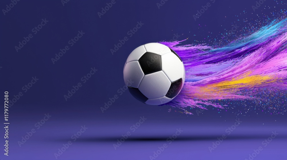 Naklejka premium Dynamic soccer ball with vibrant paint streaks, symbolizing motion and creativity on a blue background.