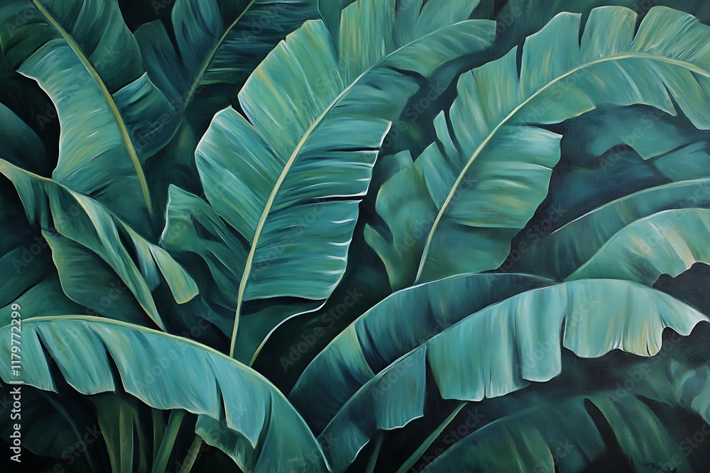 Obraz premium A close-up of large, vibrant green banana leaves in the jungle, summer background