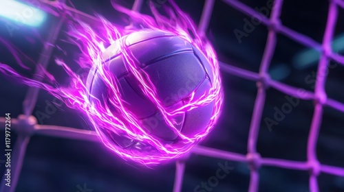 Dynamic volleyball engulfed in vibrant purple energy against a dark background, conveying movement and excitement.