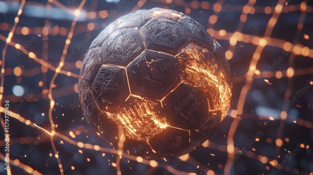 Fiery soccer ball shattering through netting, symbolizing passion and energy in a dynamic sports scene. Fiery soccer ball shattering through netting, symbolizing passion and energy in a dynamic sports scene.