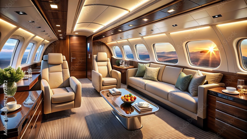 Fototapeta premium Luxurious Private Jet Cabin: Comfortable Seats, Elegant Design, Natural Light
