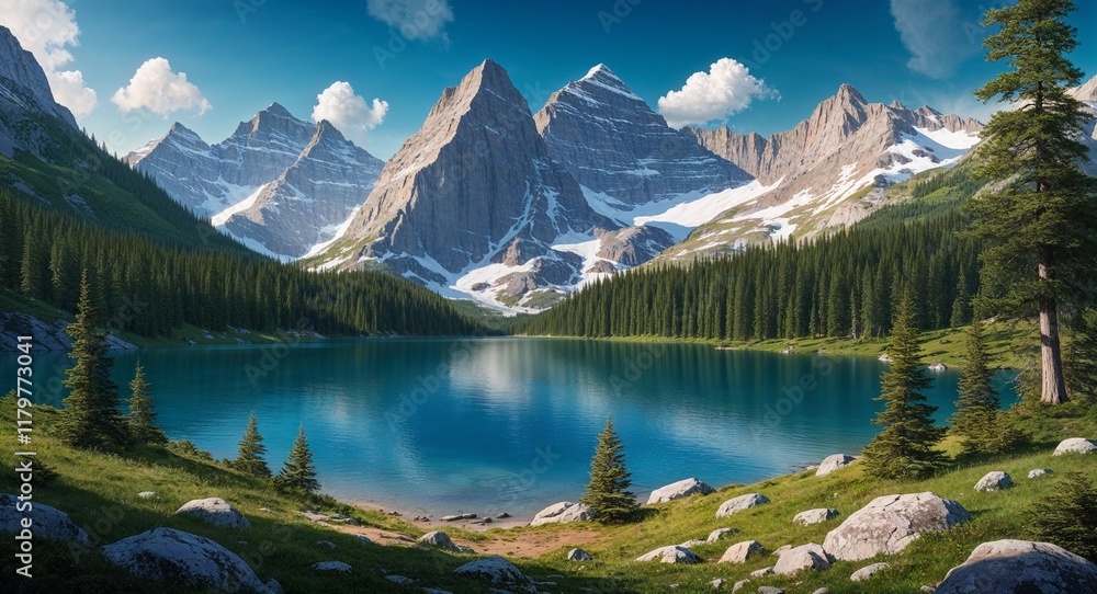 A remote mountain lake surrounded by lush forests and towering peaks A remote mountain lake surrounded by lush forests and towering peaks