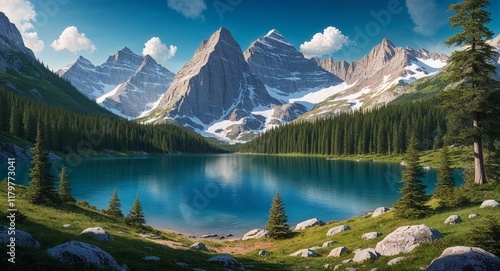 A remote mountain lake surrounded by lush forests and towering peaks