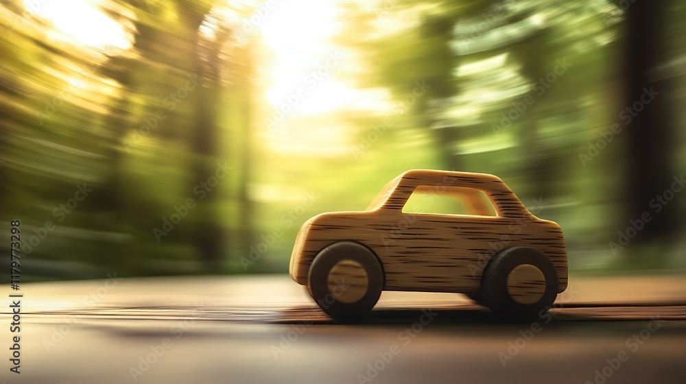 Fototapeta premium A natural wooden toy car in motion, blurred slightly for dynamic effect