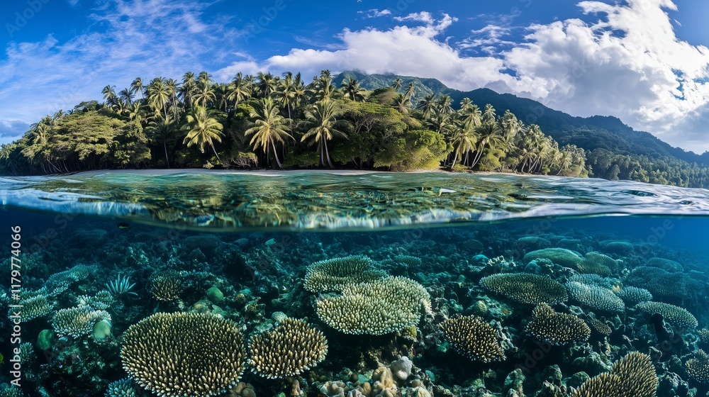 Vibrant coral reef and tropical island with swaying palm trees under a bright blue sky. Concept of marine biodiversity, snorkeling adventures, and exotic island getaways Vibrant coral reef and tropical island with swaying palm trees under a bright blue sky. Concept of marine biodiversity, snorkeling adventures, and exotic island getaways