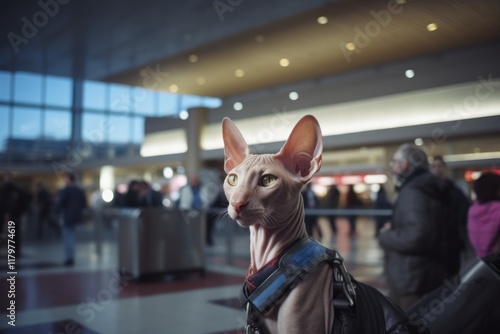 Portrait of a happy peterbald cat in bustling airport terminal background
