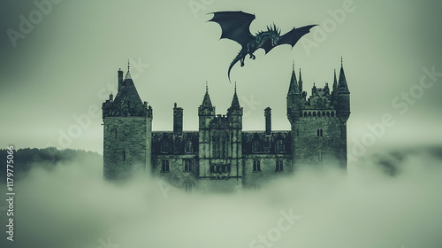 Wallpaper Mural Dragon Soaring Over Misty Castle in Fantasy Landscape; Book Cover Illustration. Torontodigital.ca