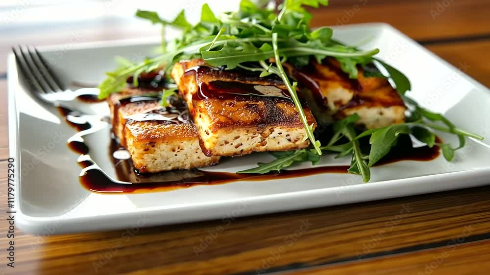 A unique sushi burger featuring tofu patties, fresh arugula, and miso dressing, set on a white ceramic plate atop a natural woodgrain table with a hint of greenery nearby. A unique sushi burger featuring tofu patties, fresh arugula, and miso dressing, set on a white ceramic plate atop a natural woodgrain table with a hint of greenery nearby.