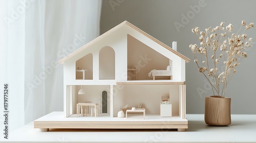 A simple, elegant dollhouse in white and wood tones for a timeless look photo