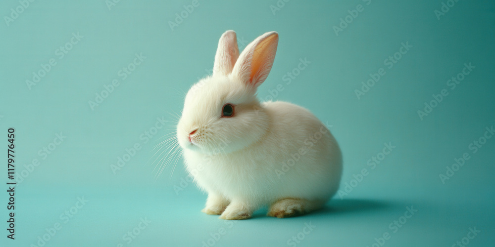 Obraz premium White bunny rabbit isolated on pale soft pastel blue background, fun easter concept