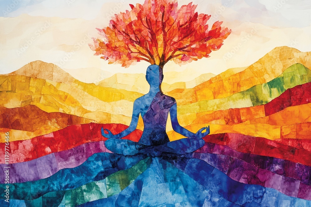 Colorful Meditation Scene with Silhouette of a Person Sitting Cross-Legged with a Tree Growing from Their Head Over Vibrant Landscape Background
