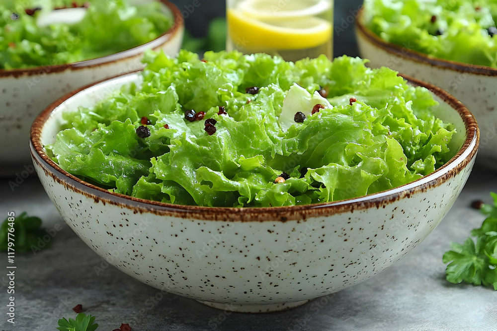 Fresh Green Lettuce Salad in a Speckled Bowl Fresh Green Lettuce Salad in a Speckled Bowl