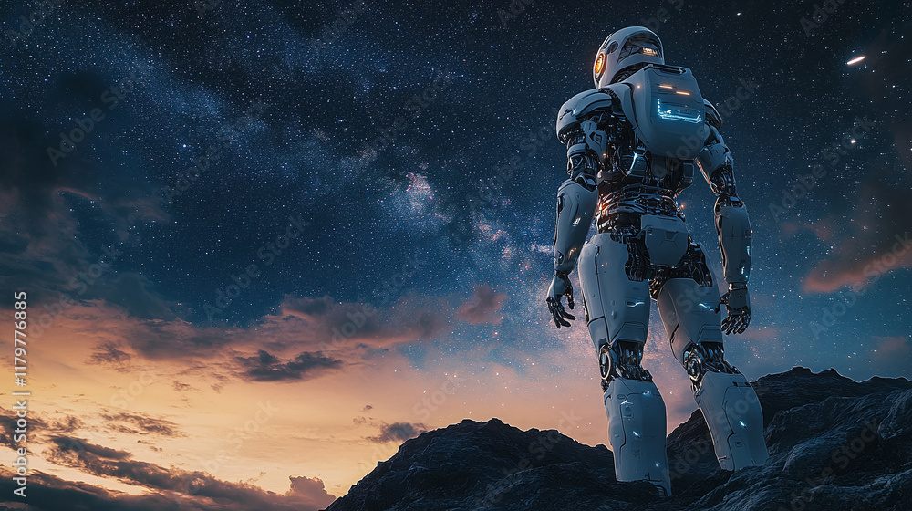 Rear or back view of a robot machine ai artificial intelligence cyborg humanoid standing on a hill, looking at starry sky at night. futuristic technology fantasy landscape, sci-fi galaxy, copy space. Rear or back view of a robot machine ai artificial intelligence cyborg humanoid standing on a hill, looking at starry sky at night. futuristic technology fantasy landscape, sci-fi galaxy, copy space.