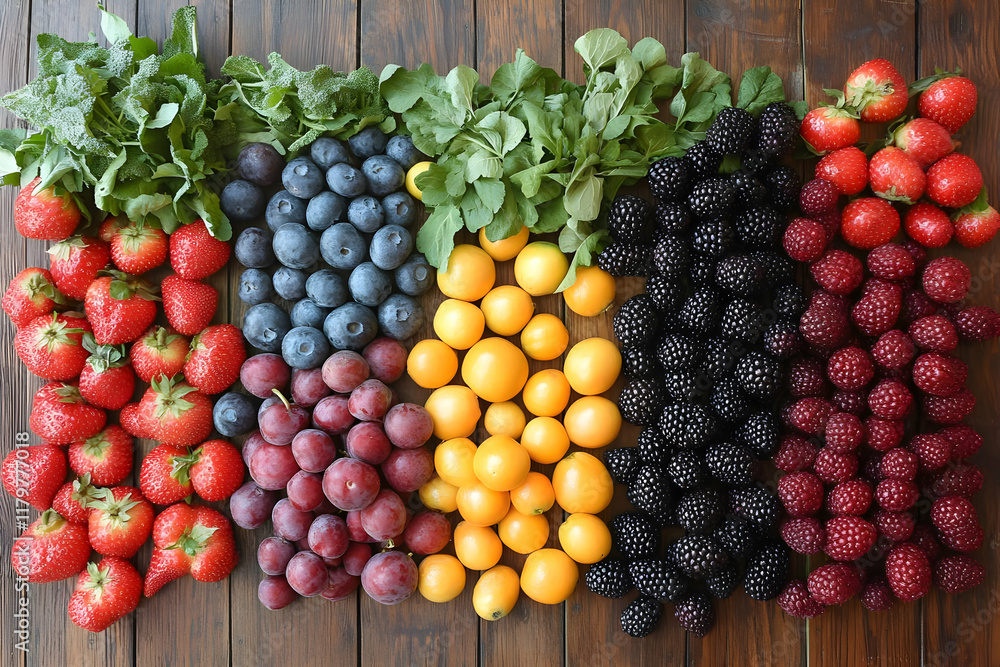 Vibrant Rainbow of Fresh Berries and Fruits: A Colorful Still Life Composition Vibrant Rainbow of Fresh Berries and Fruits: A Colorful Still Life Composition