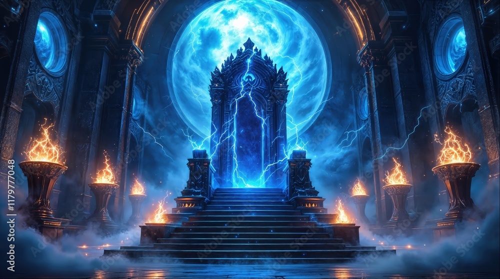 Obraz premium Enchanted Throne Room with Glowing Blue Moon, Lightning, and Fiery Torches