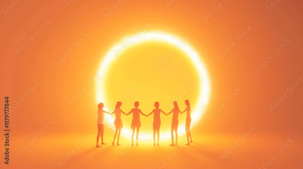 Silhouettes of women holding hands before a radiant circle. Silhouettes of women holding hands before a radiant circle.