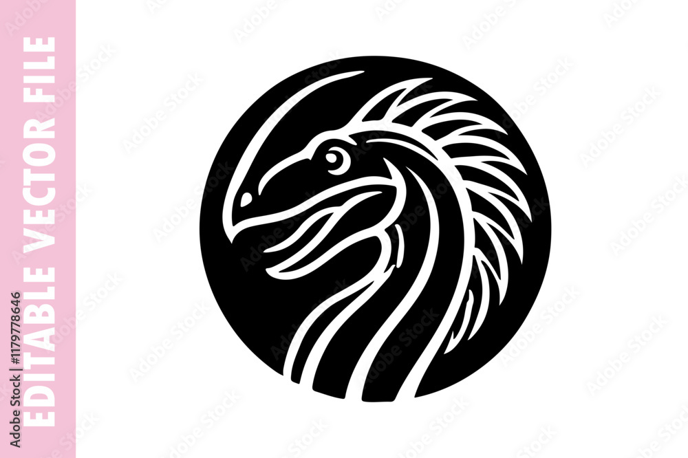 Naklejka premium black and white dinosaur round vector design silhouette illustration