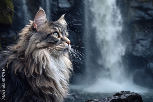 Portrait of a funny laperm cat in backdrop of a spectacular waterfall photo