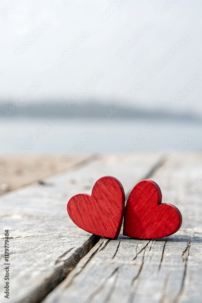 Fototapeta premium valentines day Two Red Hearts on Wooden Deck by the Water