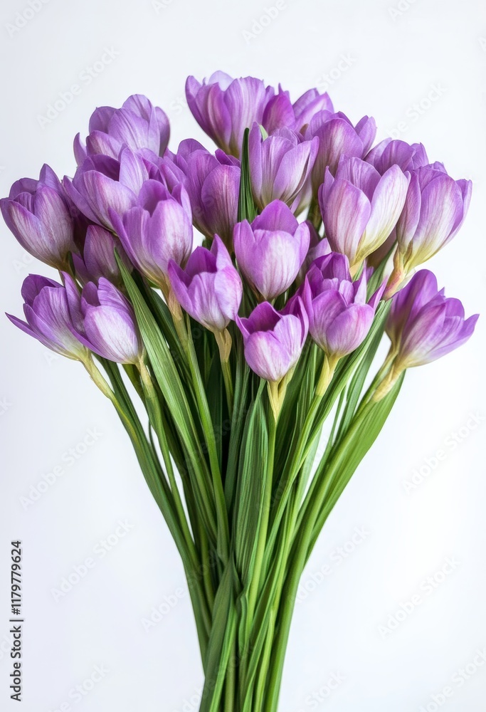 A bouquet of lavender-colored Eustoma flowers, against a white background A bouquet of lavender-colored Eustoma flowers, against a white background