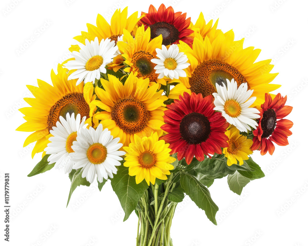 Fototapeta premium Bright bouquet of sunflowers and daisies, isolated on white background