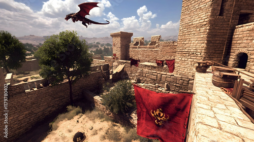 Dragon flies over medieval castle courtyard, desert landscape background; game asset. photo