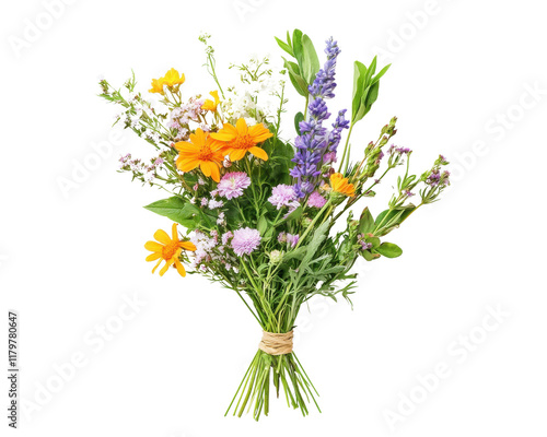 Bright bouquet of wildflowers on a white isolated background.